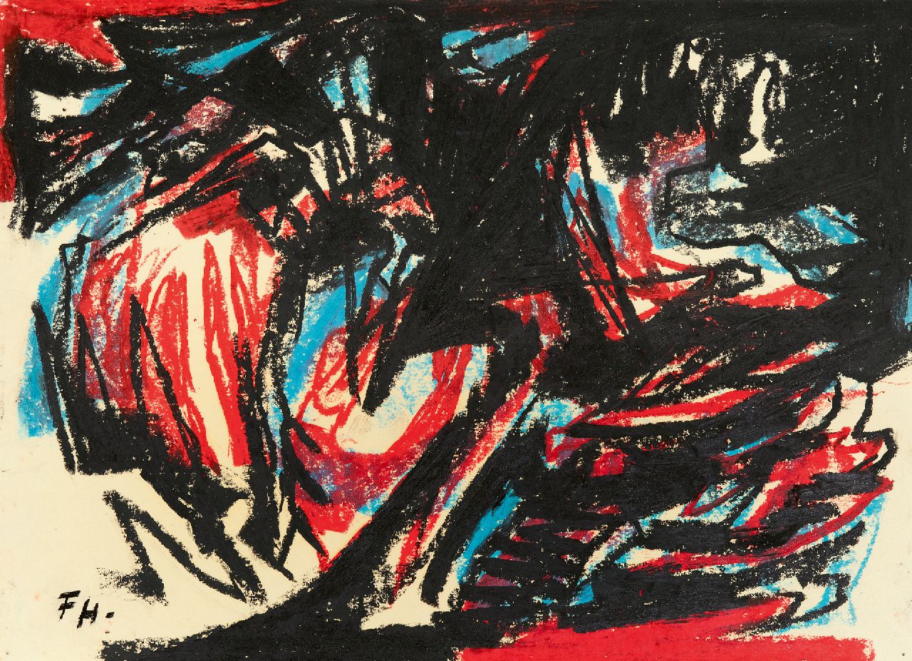 Hunziker F. | Frieda Hunziker, Compositie, waskrijt op papier 28,6 x 39,3 cm, gesigneerd linksonder met initialen en zonder lijst Hunziker F. | Frieda Hunziker, Compositie, waskrijt op papier 28,6 x 39,3 cm, gesigneerd linksonder met initialen en zonder lijst