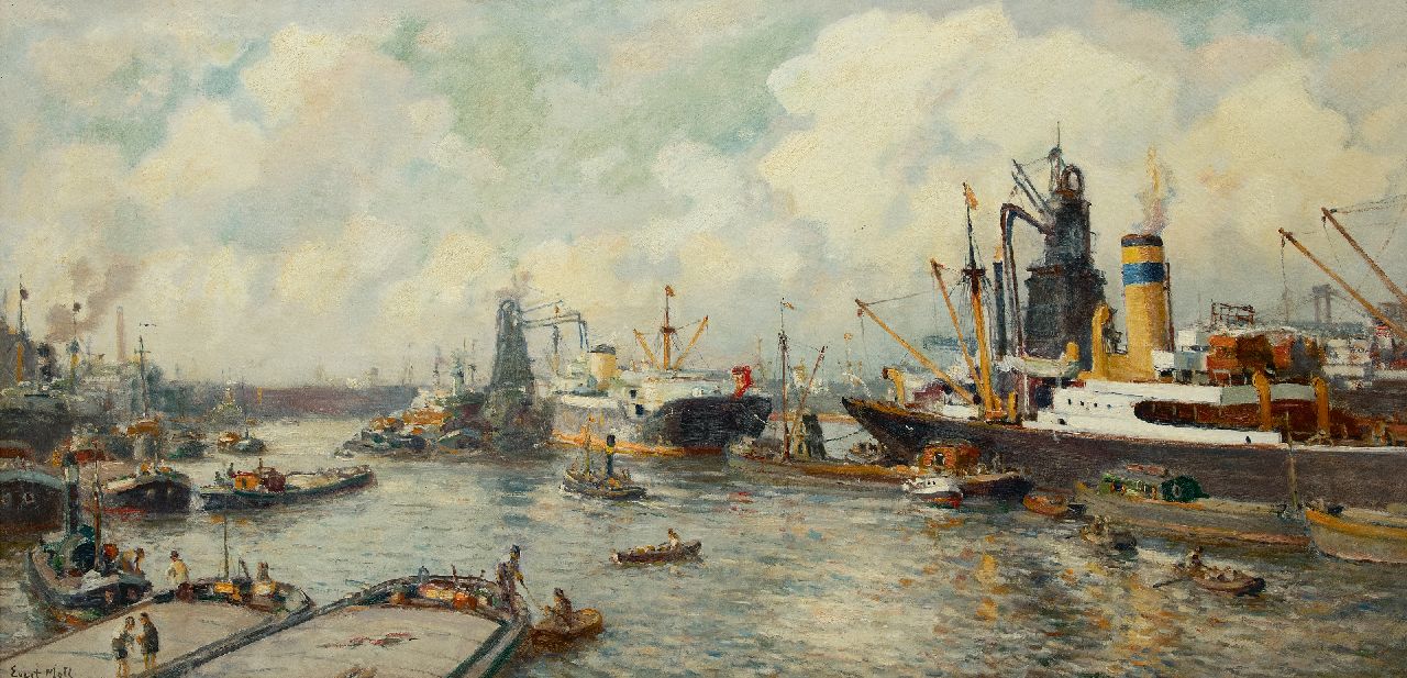 Moll E. | Evert Moll, Gezicht op de Maashaven, Rotterdam, olieverf op doek 81,0 x 164,5 cm, gesigneerd linksonder Moll E. | Evert Moll, Gezicht op de Maashaven, Rotterdam, olieverf op doek 81,0 x 164,5 cm, gesigneerd linksonder