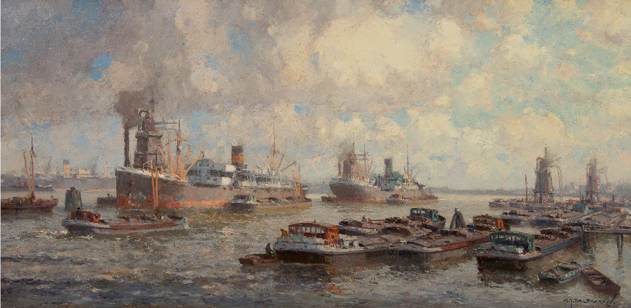 Delfgaauw G.J.  | Gerardus Johannes 'Gerard' Delfgaauw, De haven van Rotterdam, olieverf op doek 60,6 x 120,7 cm, gesigneerd rechtsonder en zonder lijst