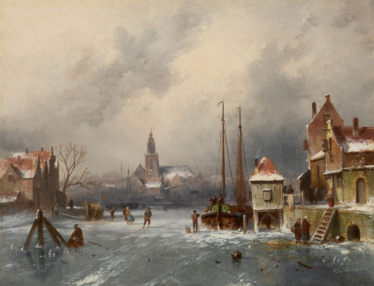 Leickert C.H.J. | 'Charles' Henri Joseph Leickert, Winters stadsgezicht met schaatsers en koek-en-zopietent, olieverf op paneel 31,6 x 41,0 cm, gesigneerd rechtsonder Leickert C.H.J. | 'Charles' Henri Joseph Leickert, Winters stadsgezicht met schaatsers en koek-en-zopietent, olieverf op paneel 31,6 x 41,0 cm, gesigneerd rechtsonder