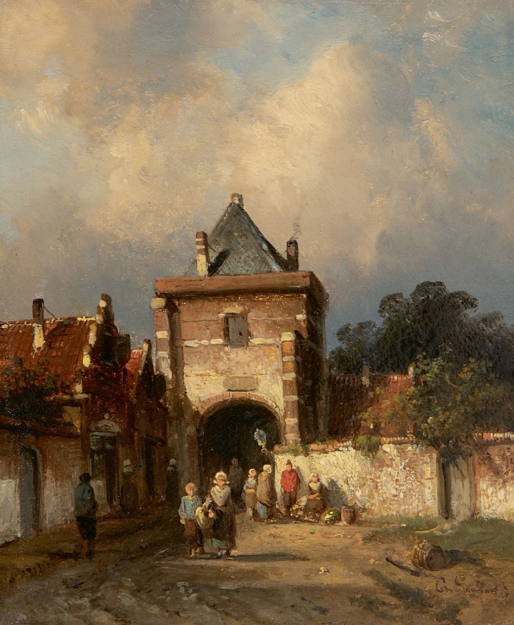Leickert C.H.J. | 'Charles' Henri Joseph Leickert | Schilderijen te koop aangeboden | Hollandse stadspoort met figuren bij een groenteverkoopster, olieverf op paneel 16,3 x 13,8 cm, gesigneerd rechtsonder en ca. 1855 Leickert C.H.J. | 'Charles' Henri Joseph Leickert | Schilderijen te koop aangeboden | Hollandse stadspoort met figuren bij een groenteverkoopster, olieverf op paneel 16,3 x 13,8 cm, gesigneerd rechtsonder en ca. 1855