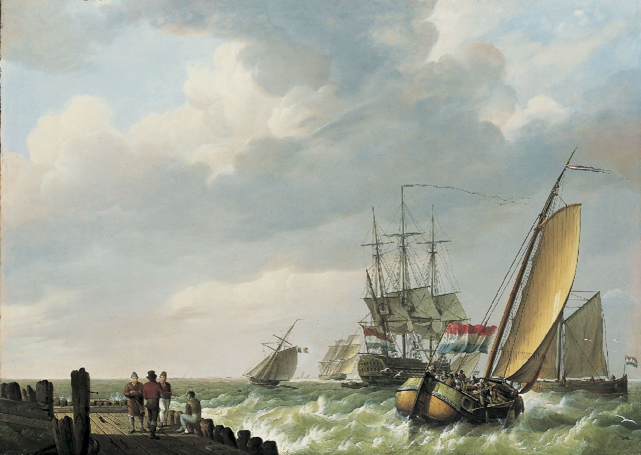 Koekkoek J.H.  | Johannes Hermanus Koekkoek, Laverende zeilschepen voor de kust, olieverf op paneel 44,8 x 62,2 cm, gesigneerd linksonder en gedateerd 1810