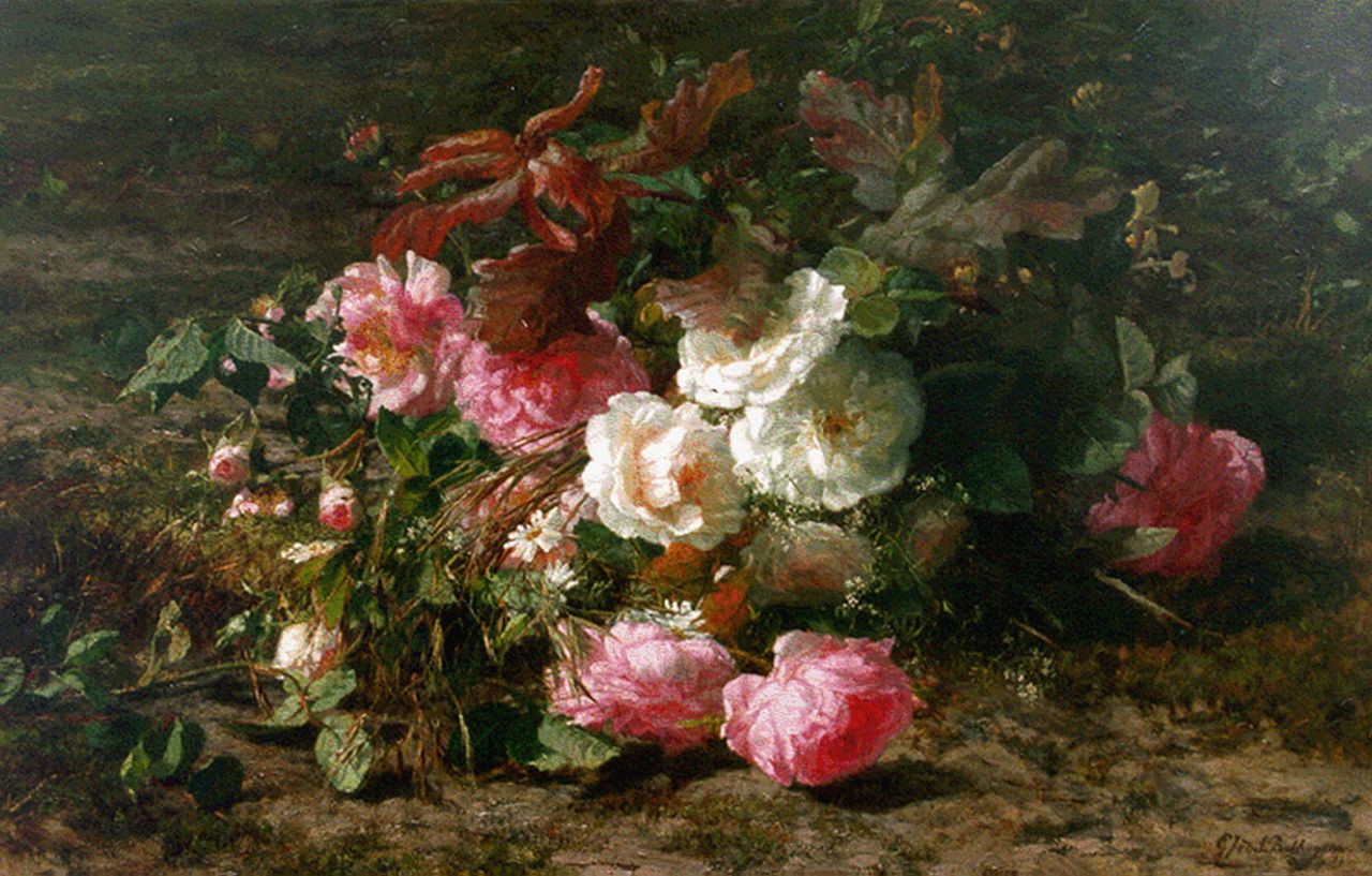Sande Bakhuyzen G.J. van de | 'Gerardine' Jacoba van de Sande Bakhuyzen, Boeket van rozen op de bosgrond, olieverf op doek 49,3 x 77,0 cm, gesigneerd rechtsonder