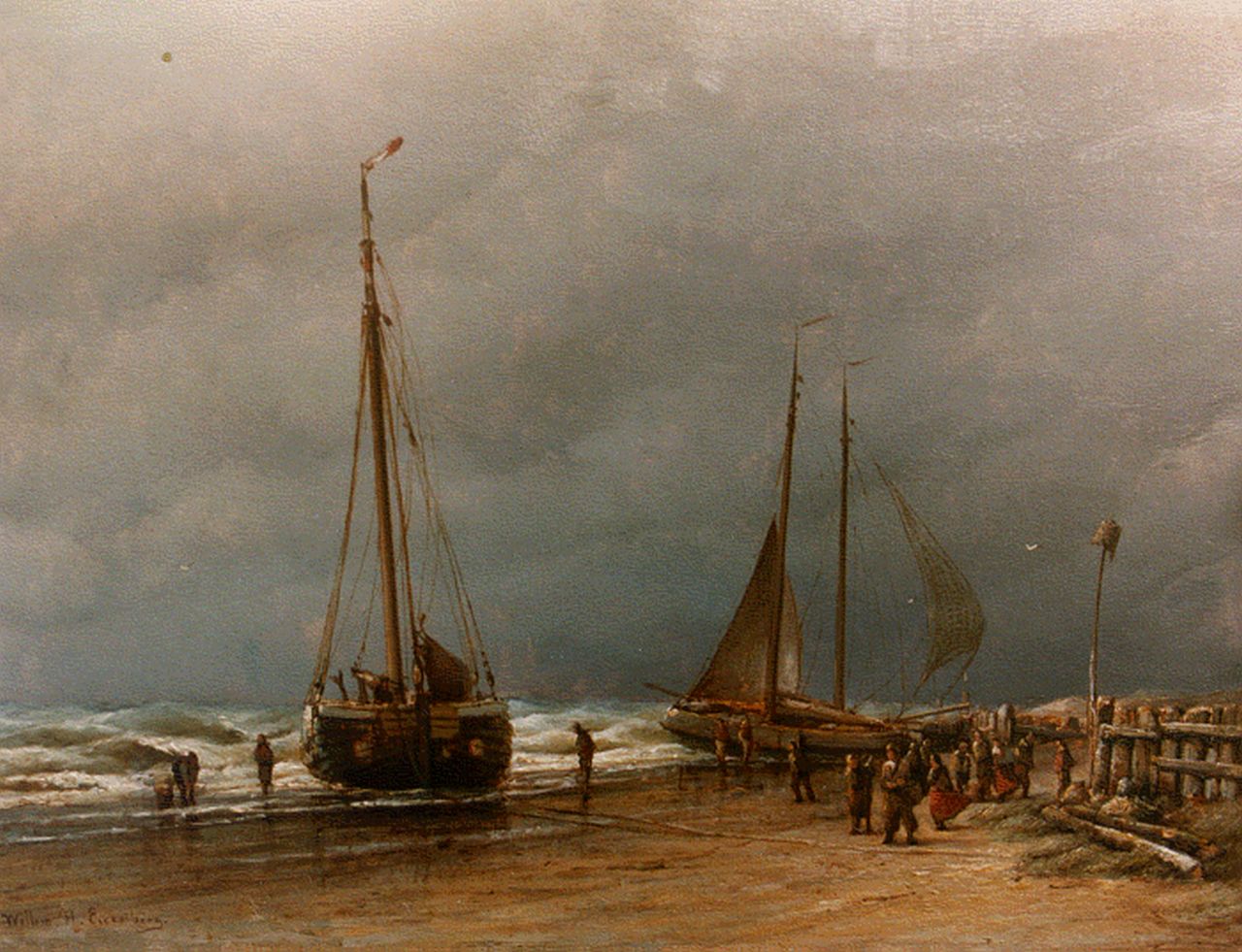 Eickelberg W.H.  | Willem Hendrik Eickelberg, Platbodems op het strand, olieverf op paneel 31,3 x 41,0 cm, gesigneerd linksonder