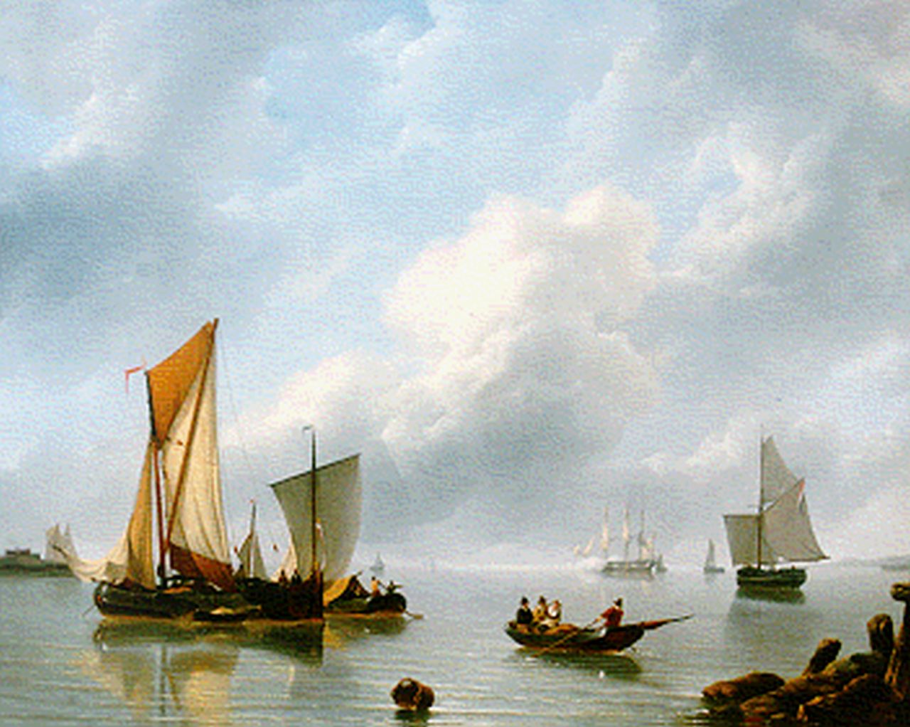 Schotel P.J.  | Petrus Johannes Schotel, Kalme riviermonding met zeilschepen, olieverf op doek 70,5 x 88,7 cm, gesigneerd rechtsonder