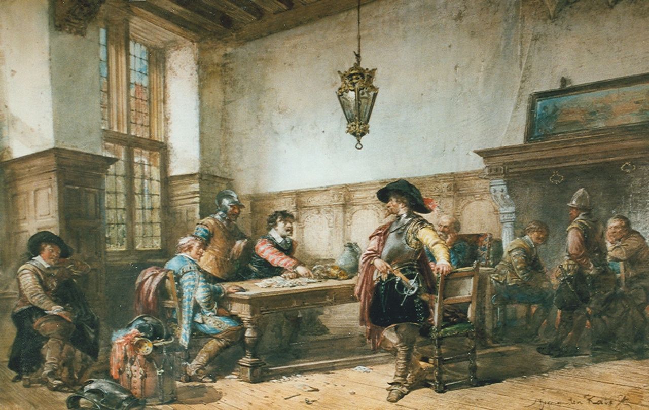 Kate H.F.C. ten | 'Herman' Frederik Carel ten Kate, 17e eeuws interieur met soldaten, olieverf op paneel 24,5 x 34,1 cm, gesigneerd rechtsonder