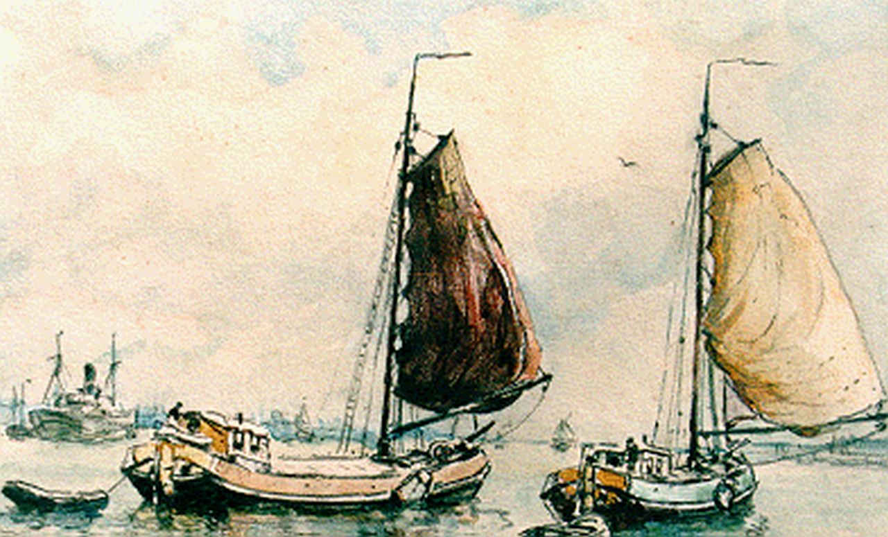 Moll E.  | Evert Moll, Tjalken op de rivier, gemengde techniek op papier 14,5 x 20,0 cm, gesigneerd linksonder