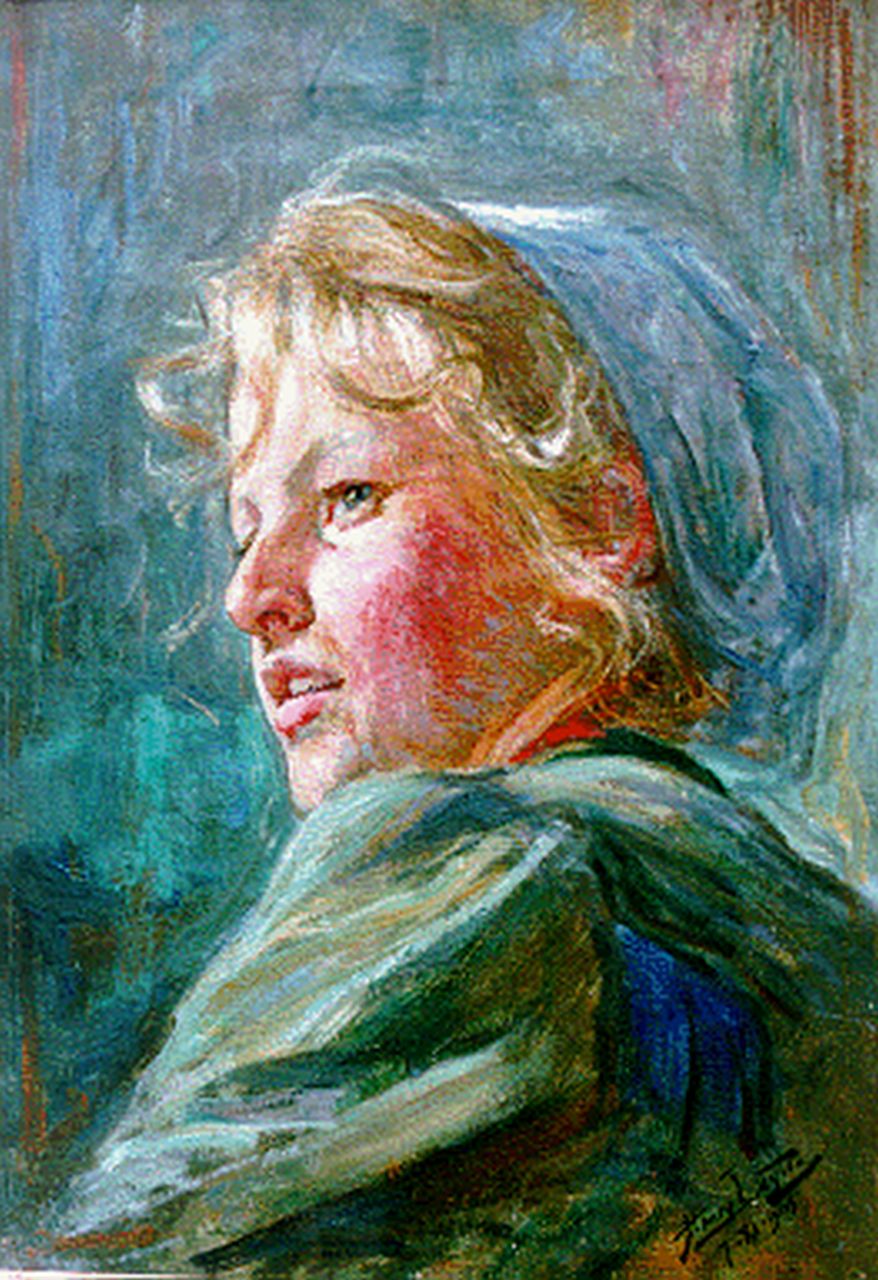 Luyten J.H.  | Jean Henry 'Hendrik' Luyten, Het blondgelokte meisje met de muts, olieverf op doek 51,3 x 36,3 cm, gesigneerd rechtsonder en gedateerd 7-XI-1905