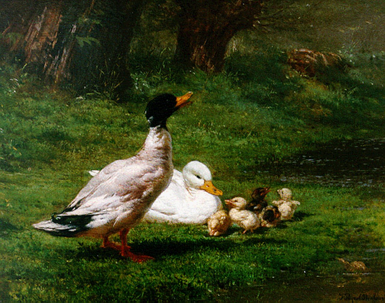 Peyrol-Bonheur J.  | Juliette Peyrol-Bonheur, Eenden met jongen aan de rivieroever, olieverf op doek 32,5 x 40,7 cm, gesigneerd rechtsonder en gedateerd 1859