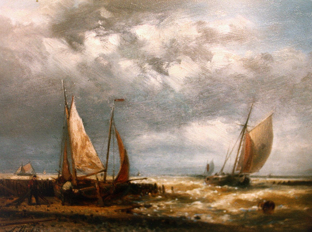 Hulk A.  | Abraham Hulk, Platbodems bij havenmond, olieverf op paneel 15,0 x 20,3 cm, gesigneerd linksonder