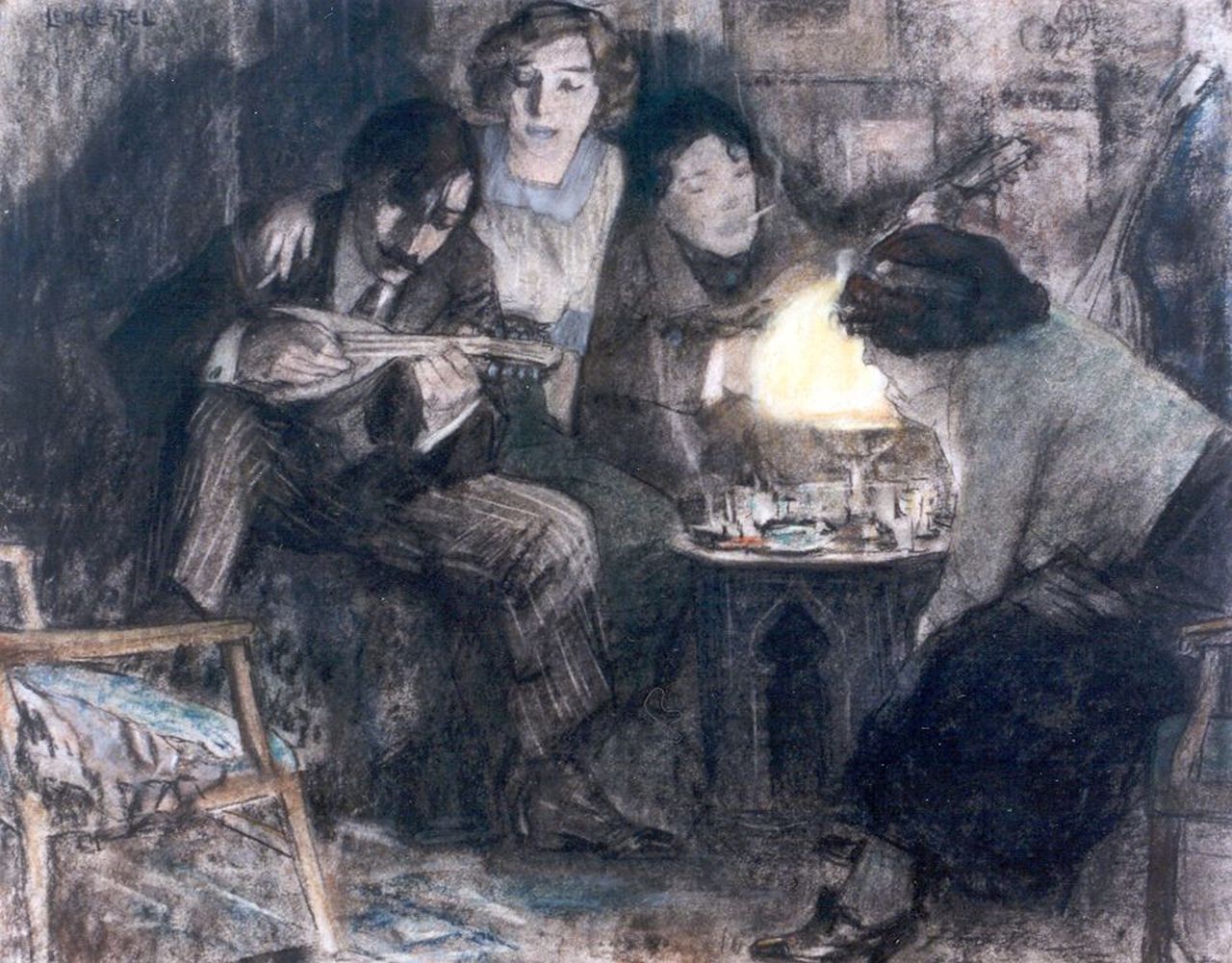 Gestel L.  | Leendert 'Leo' Gestel, Gezellig fuifavondje bij Boendermaker, pastel op papier 37,0 x 46,2 cm, gesigneerd linksboven en gedateerd 1910