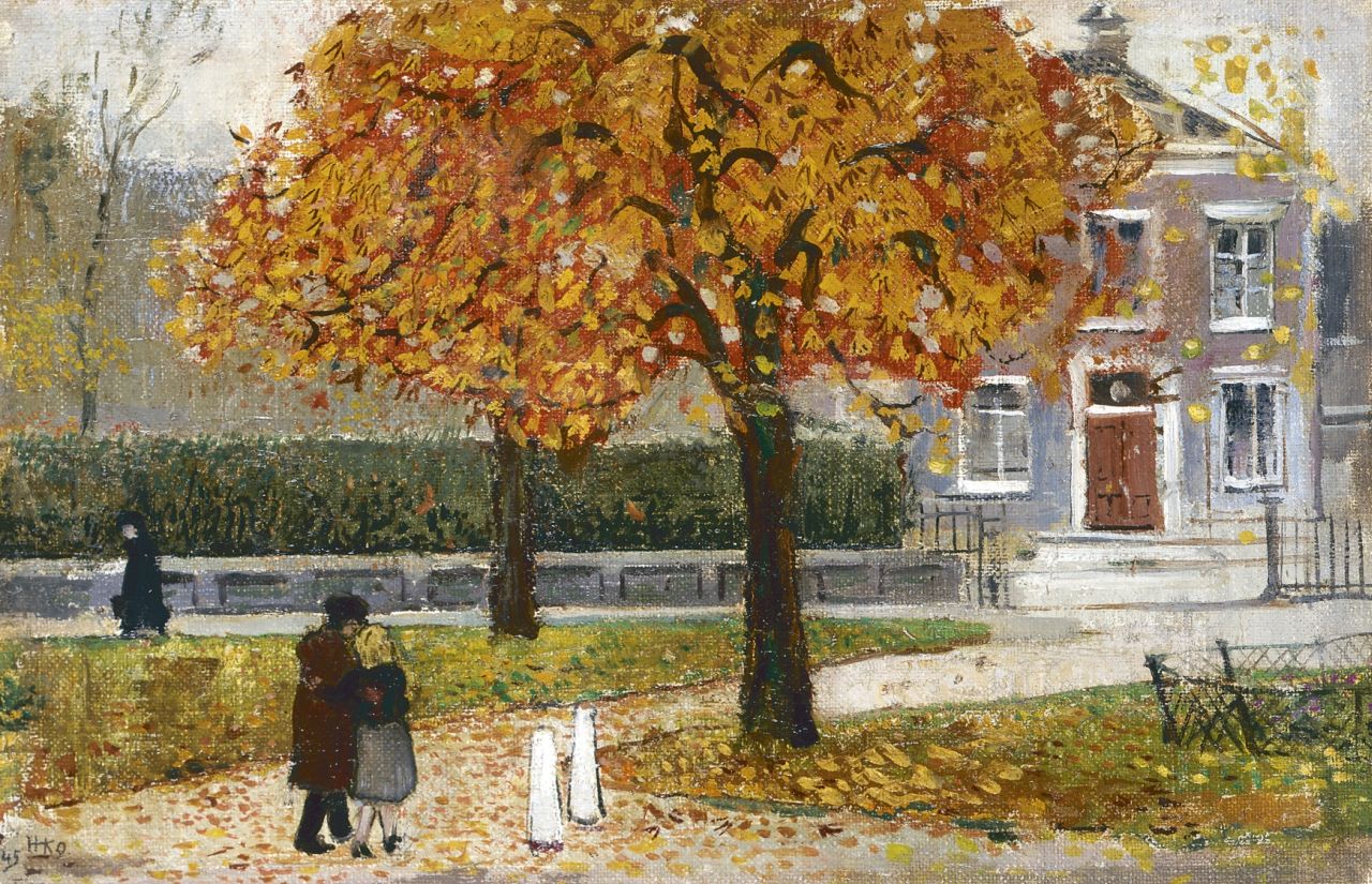 Kamerlingh Onnes H.H.  | 'Harm' Henrick Kamerlingh Onnes, Herfstwandeling te Delft, olieverf op doek op paneel 21,7 x 33,1 cm, gesigneerd linksonder monogram en gedateerd '45