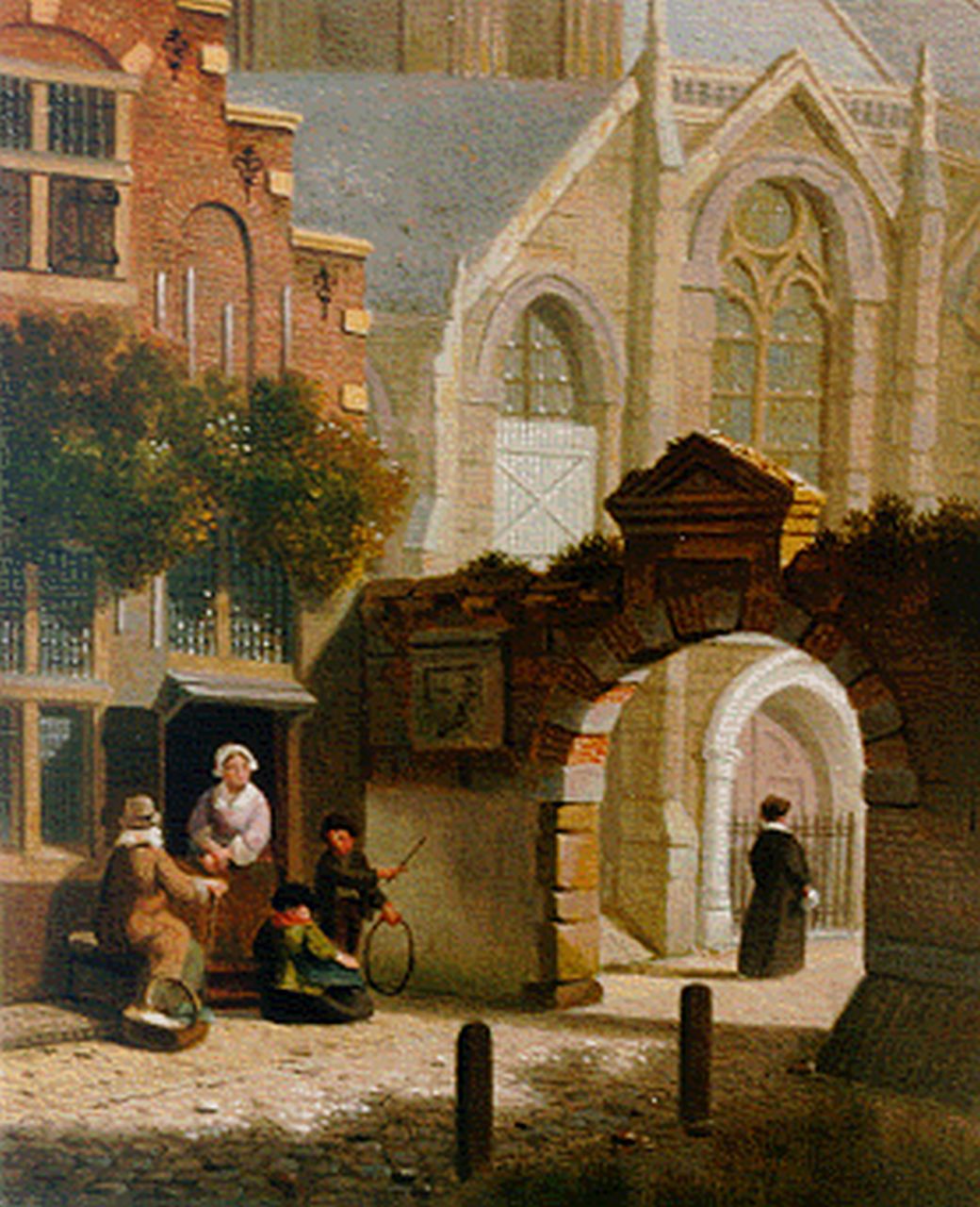 Verheijen J.H.  | Jan Hendrik Verheijen, Stadsgezicht met figuren, olieverf op paneel 15,7 x 12,8 cm, gesigneerd rechtsonder