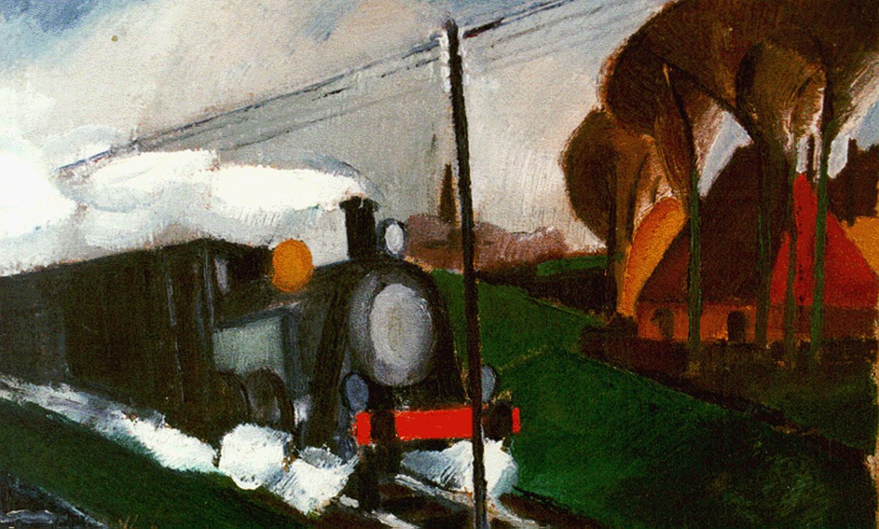 Bosma W.  | Willem 'Wim' Bosma, Aanstormende trein, olieverf op doek 25,5 x 39,4 cm, gesigneerd linksonder en gedateerd '27