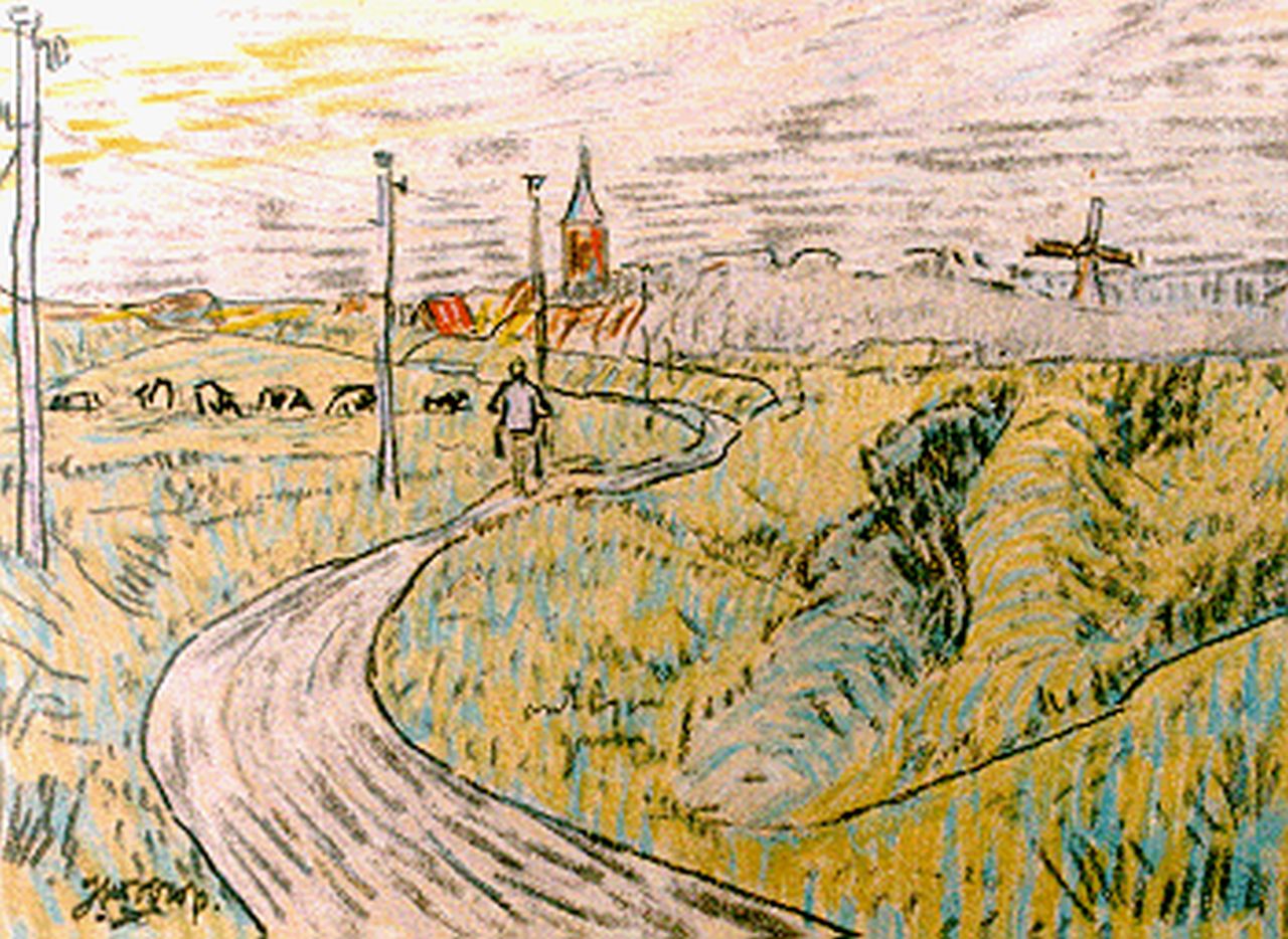 Toorop J.Th.  | Johannes Theodorus 'Jan' Toorop, Fietser in Zeeuws landschap, gemengde techniek op papier 11,5 x 16,0 cm, gesigneerd linksonder