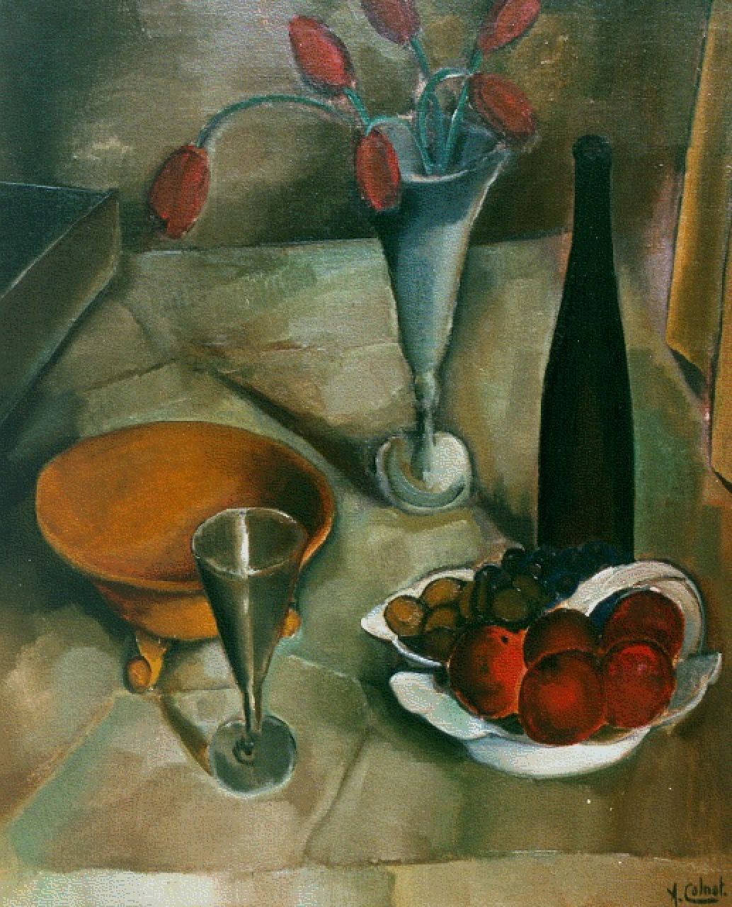 Colnot A.J.G.  | 'Arnout' Jacobus Gustaaf Colnot, Stilleven met fles en fruit, olieverf op doek 76,5 x 64,4 cm, gesigneerd rechtsonder