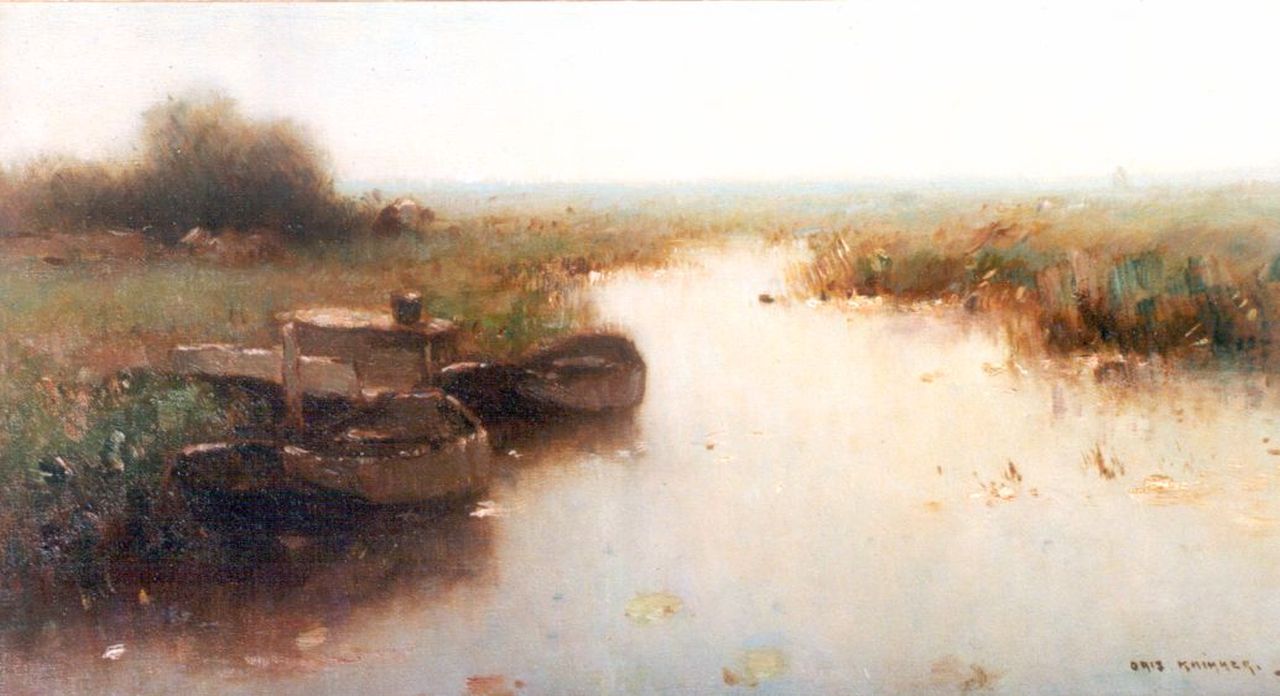Knikker A.  | Aris Knikker, Roeiboot in polderlandschap, olieverf op doek 25,0 x 45,2 cm, gesigneerd rechtsonder