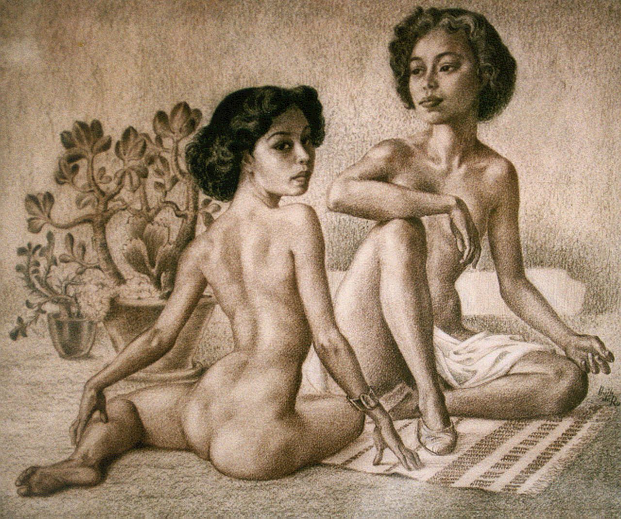 Ru H.B.W. de | Huibert Bernardus Wilhelmus 'Huib' de Ru, Twee naakte Oosterse vrouwen, potlood op papier 34,5 x 41,0 cm, gesigneerd rechtsonder
