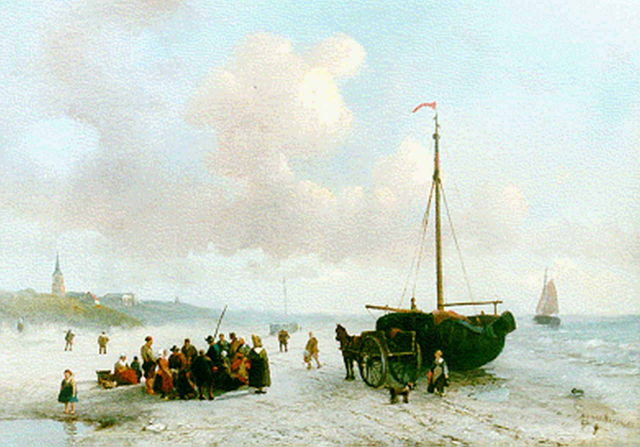 Adrianus Petrus Hendrikus Wilbers | Vissers op het strand van Scheveningen, olieverf op paneel, 29,4 x 41,3 cm, gesigneerd r.o. en gedateerd '52