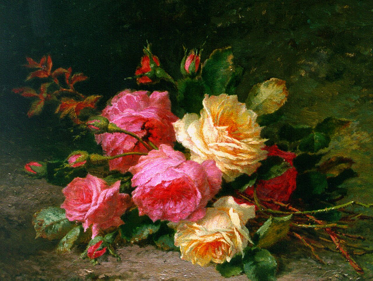 Naeyer C. de | Charles de Naeyer, Boeket rozen, olieverf op doek 37,5 x 46,7 cm, gesigneerd rechtsonder