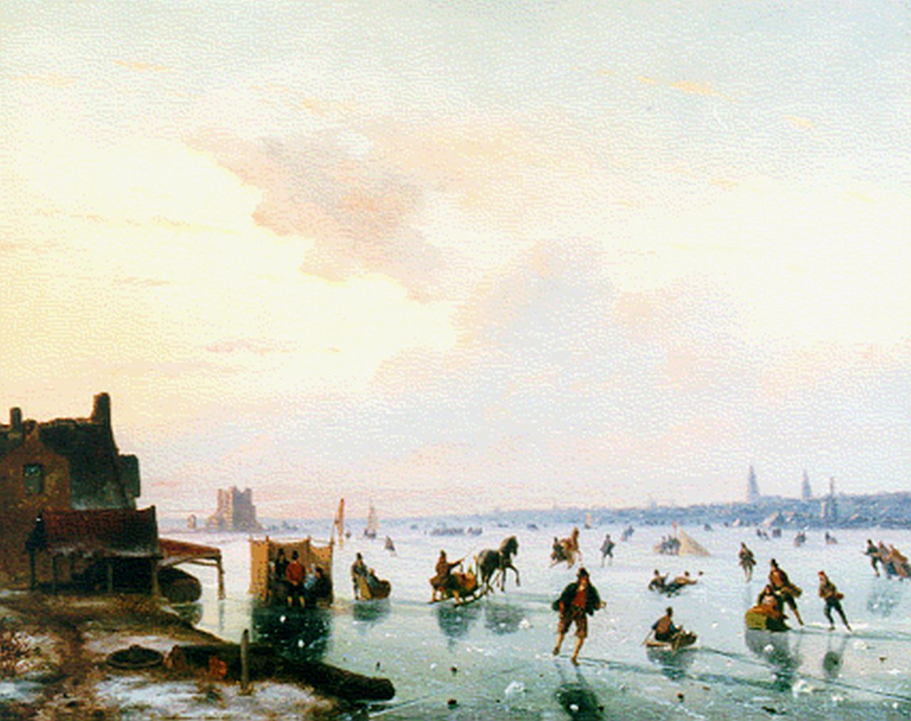 Roosenboom N.J.  | Nicolaas Johannes Roosenboom, Winterse rivier met schaatsers, olieverf op paneel 36,5 x 46,7 cm, gesigneerd rechtsonder