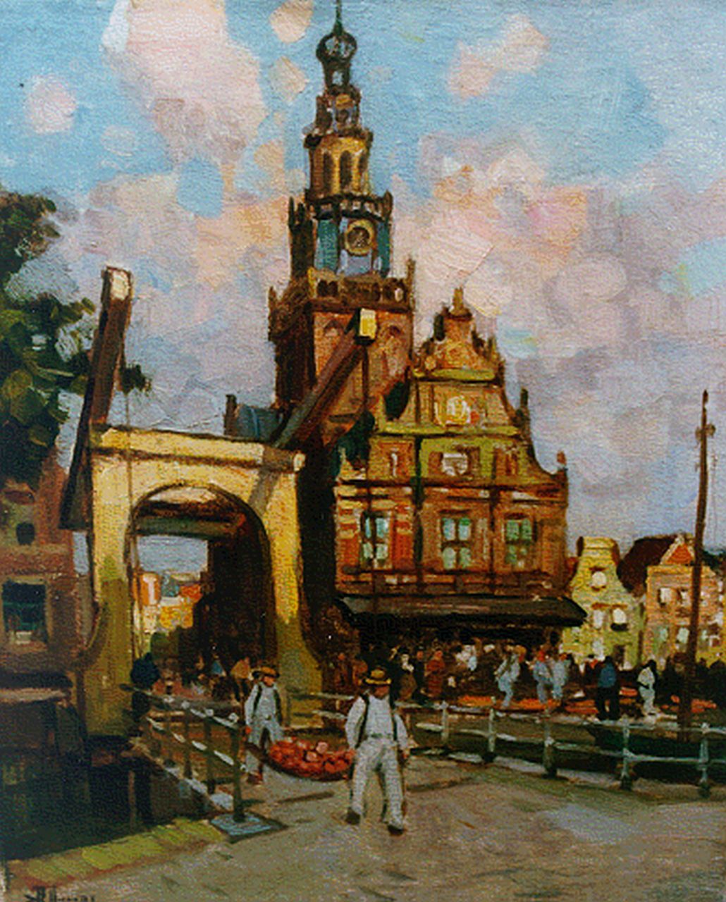 Viegers B.P.  | Bernardus Petrus 'Ben' Viegers, De kaasmarkt met het Waaggebouw in Alkmaar, olieverf op doek 30,5 x 24,7 cm, gesigneerd linksonder