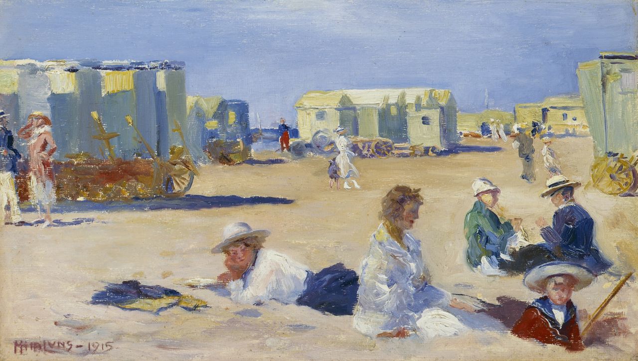 Luns H.M.  | Hubert Marie 'Huib' Luns, Zonnige stranddag, olieverf op doek op schildersboard 19,9 x 34,4 cm, gesigneerd linksonder en gedateerd 1915