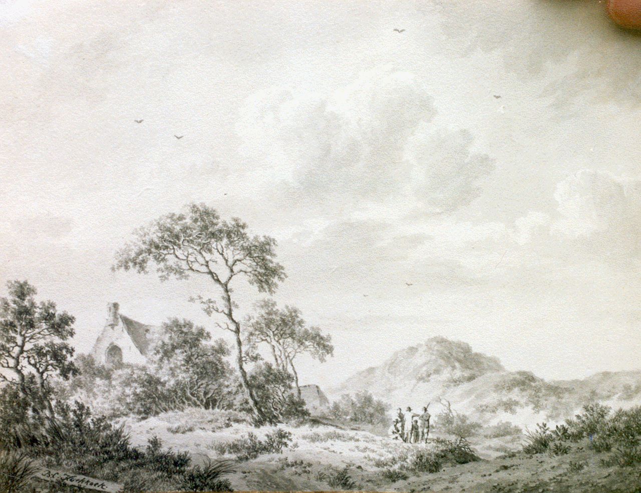 Koekkoek B.C.  | Barend Cornelis Koekkoek, Jagers in een heuvelachtig landschap, sepia op papier 14,5 x 19,0 cm, gesigneerd linksonder