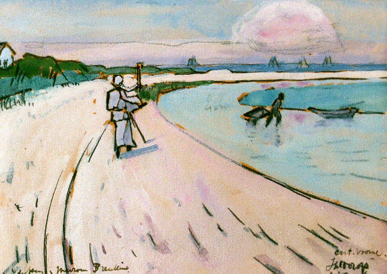Toorop J.Th.  | Johannes Theodorus 'Jan' Toorop, Langs het strand van Oostvoorne, aquarel op papier 11,0 x 15,0 cm, gesigneerd rechtsonder en gedateerd 1916