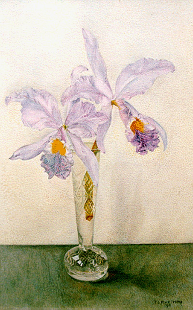 Hettinga Tromp T.G.M. van | Tjitske Geertruida Maria van Hettinga Tromp, Paarse orchideeën, olieverf op paneel 33,0 x 21,8 cm, gesigneerd rechtsonder en gedateerd 1911