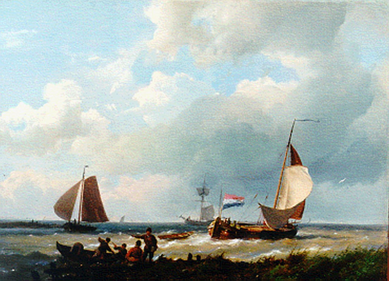Koekkoek H.  | Hermanus Koekkoek, Zeilschepen bij havenmond, olieverf op doek op paneel 26,3 x 36,0 cm, gesigneerd links