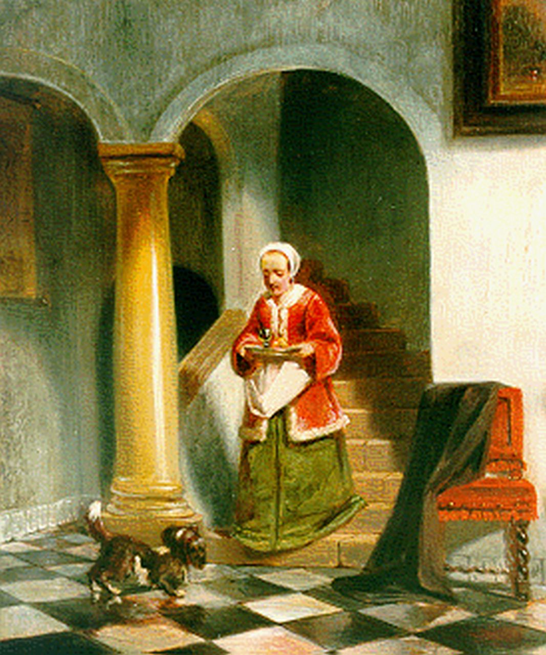 Stroebel J.A.B.  | Johannes Anthonie Balthasar Stroebel, Vrouw in een 17e-eeuws interieur (toegeschr.), olieverf op paneel 24,6 x 21,7 cm
