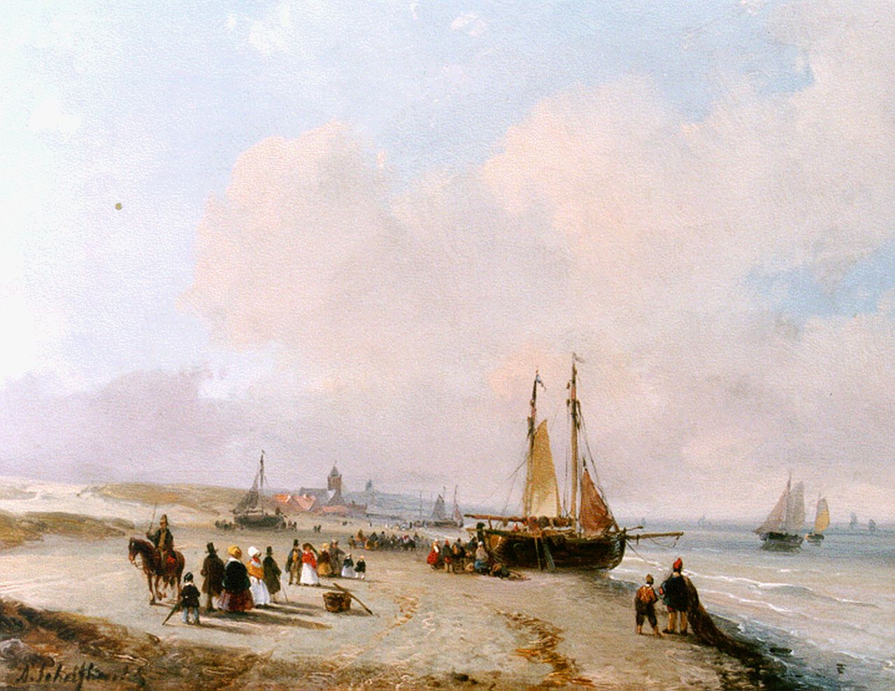 Schelfhout A.  | Andreas Schelfhout, Elegant gezelschap en vissers op Scheveningse strand, olieverf op paneel 18,4 x 23,0 cm, gesigneerd linksonder en te dateren ca. 1855