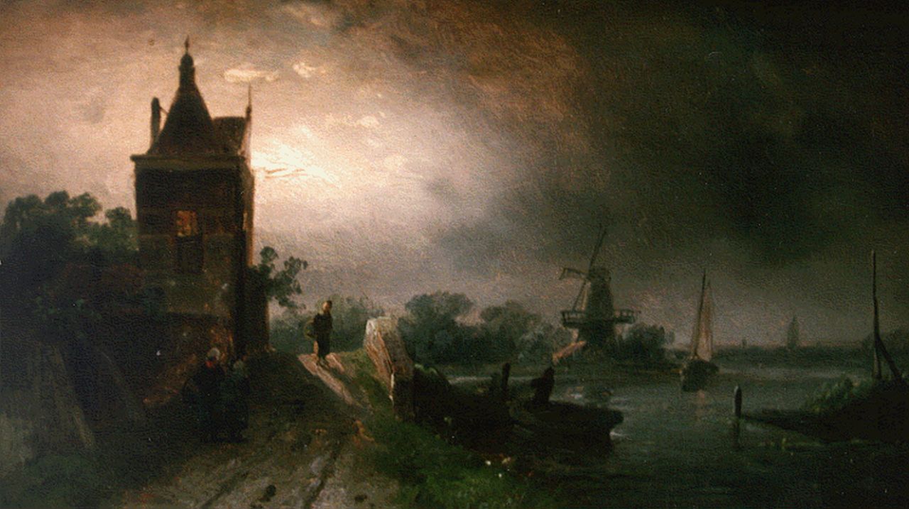 Leickert C.H.J.  | 'Charles' Henri Joseph Leickert, Rivierlandschap bij maanlicht, olieverf op paneel 13,1 x 22,0 cm, gesigneerd rechtsonder