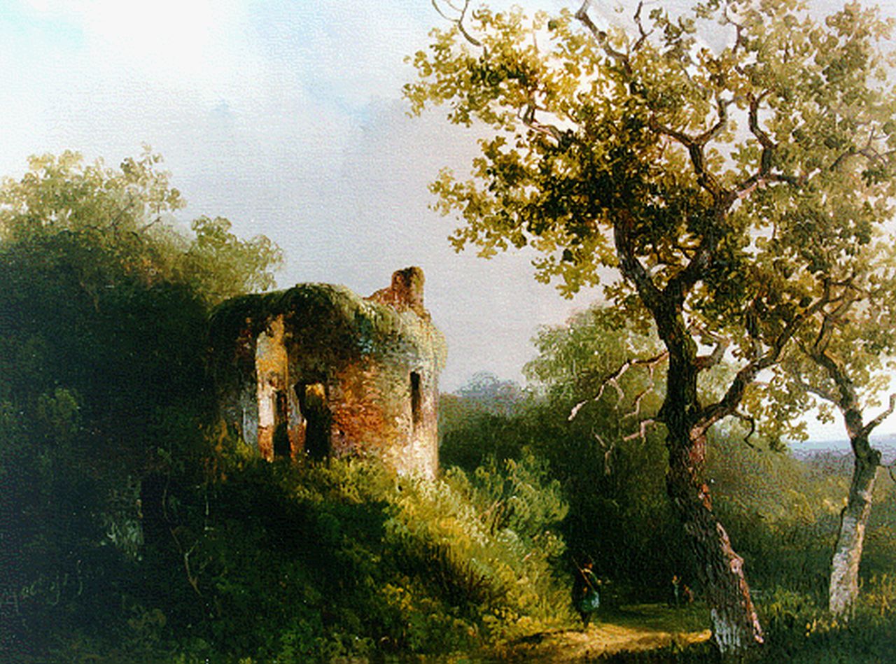 Roelofs W.  | Willem Roelofs, Boslandschap met figuren bij een ruïne, olieverf op paneel 19,6 x 24,7 cm, gesigneerd linksonder en gedateerd '40