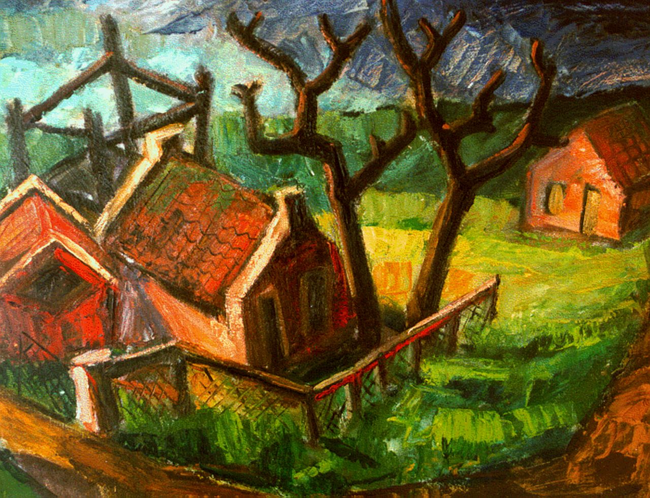 Johannes Hessel Brolsma | Huizen achter de dijk, 47,9 x 61,8 cm