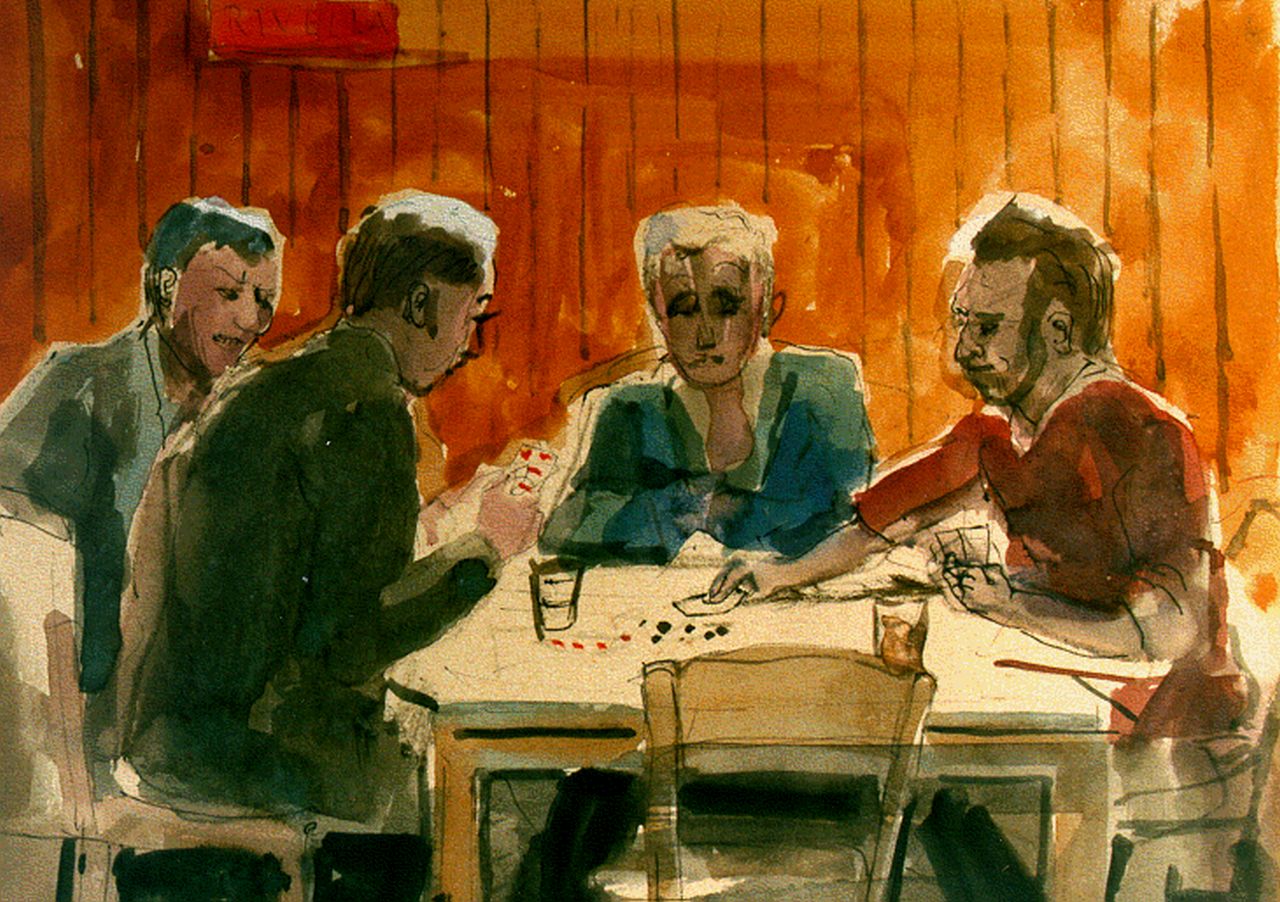 Kamerlingh Onnes H.H.  | 'Harm' Henrick Kamerlingh Onnes, Het kaartspel, inkt en aquarel op papier 26,2 x 29,5 cm, gesigneerd linksonder mon en gedateerd '64