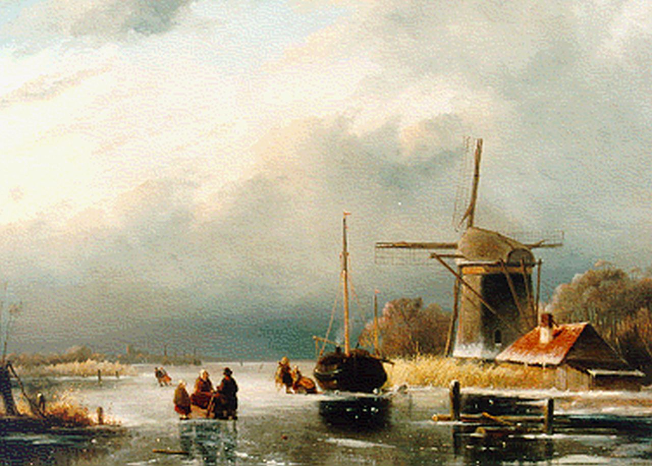 Hoen C.P. 't | Cornelis Petrus 't Hoen, Winterlandschap met schaatsers bij een molen, olieverf op paneel 32,0 x 43,5 cm, gesigneerd linksonder en gedateerd 1846