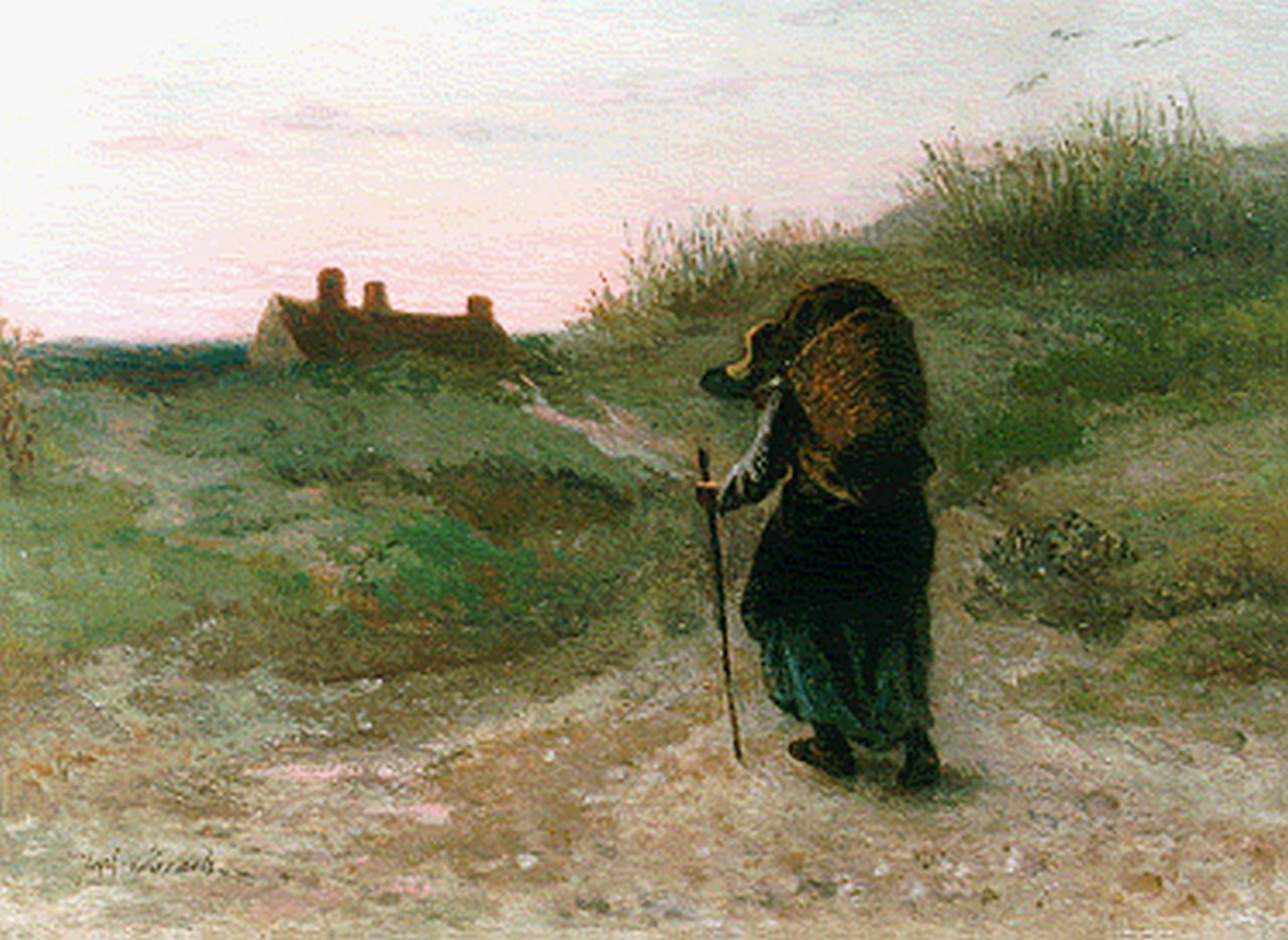 Israëls J.  | Jozef Israëls, Op weg naar huis, olieverf op paneel 27,8 x 36,4 cm, gesigneerd linksonder en te dateren 1865-1870