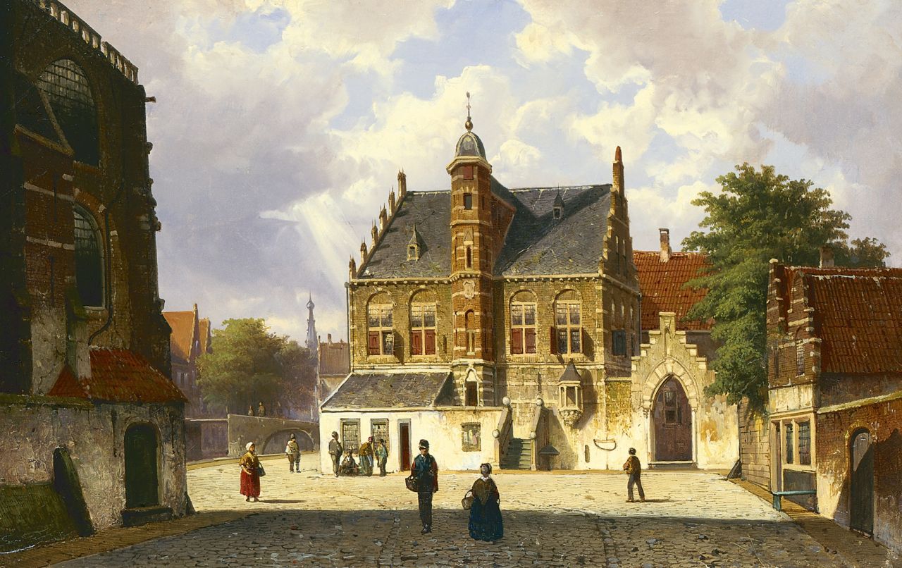 Koekkoek W.  | Willem Koekkoek, Zomers stadsgezicht met figuren, olieverf op doek 45,0 x 70,9 cm, gesigneerd linksonder met initialen en gedateerd '65