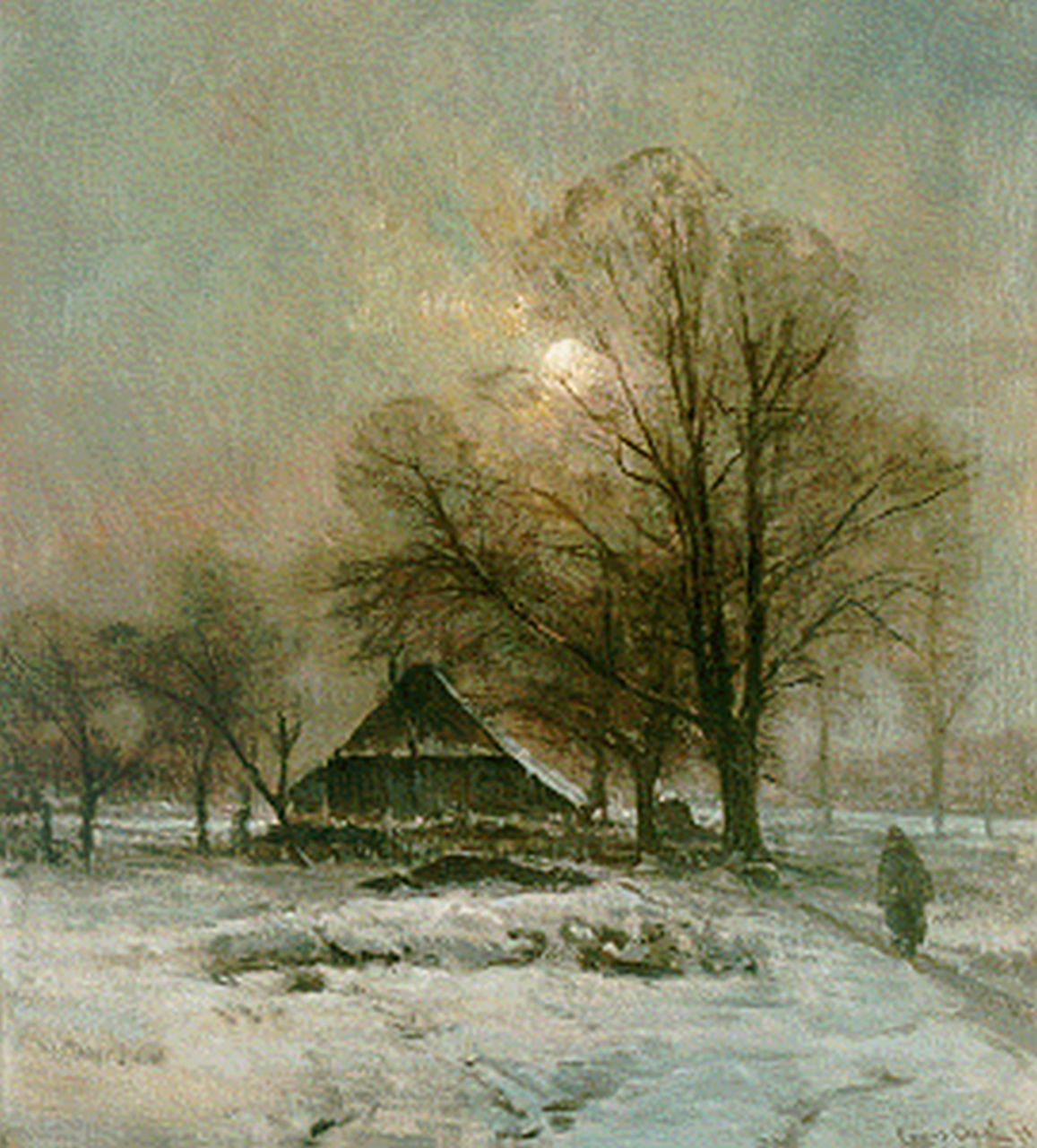 Apol L.F.H.  | Lodewijk Franciscus Hendrik 'Louis' Apol, Boerderij in een besneeuwd landschap, olieverf op doek 51,2 x 46,2 cm, gesigneerd rechtsonder
