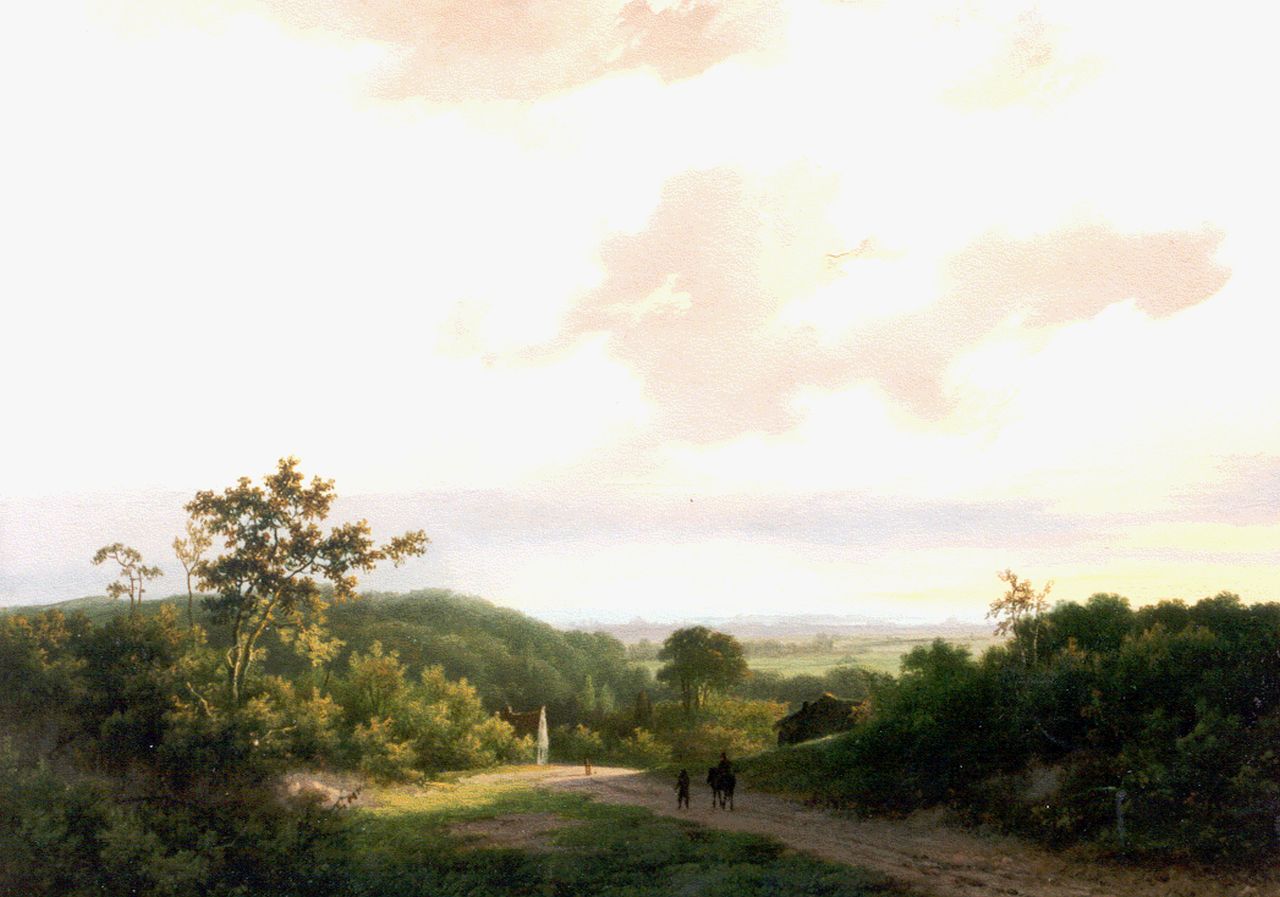 Koekkoek I M.A.  | Marinus Adrianus Koekkoek I, Reizigers in een panoramisch landschap, olieverf op paneel 24,7 x 32,7 cm, gesigneerd rechtsonder en gedateerd 1848
