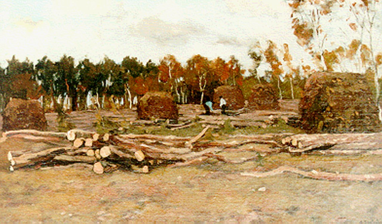 Bastert S.N.  | Syvert 'Nicolaas' Bastert, Houthakkers in het bos, olieverf op doek op paneel 35,5 x 58,0 cm, gesigneerd rechtsonder