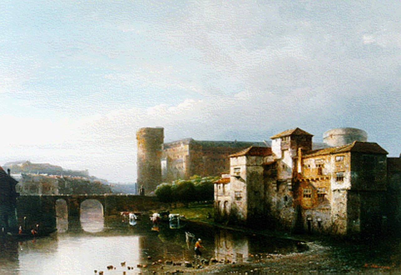 Karsen K.  | Kasparus Karsen, Stad met kasteel aan de rivier, olieverf op paneel 37,5 x 53,7 cm, gesigneerd rechtsonder