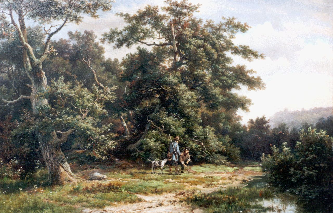 Koekkoek H.  | Hermanus Koekkoek, Rustende jagers op een bospad, olieverf op paneel 28,7 x 43,8 cm, gesigneerd middenonder