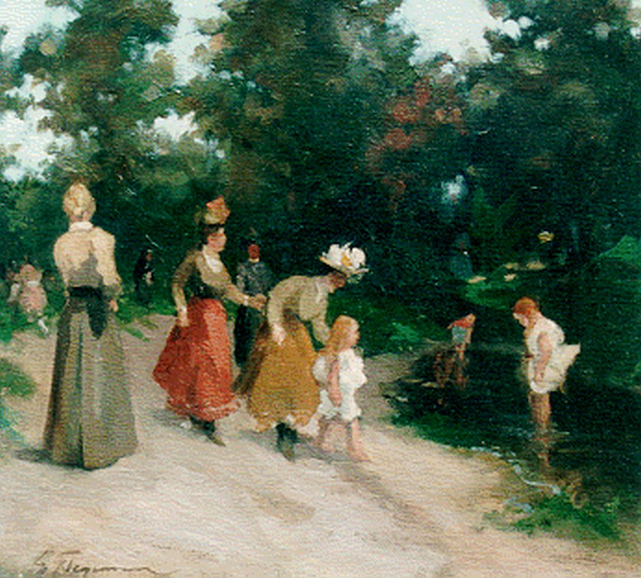 Stegeman G.  | Gerrit 'Gert' Stegeman, Vrouwen en kinderen bij de parkvijver, olieverf op doek 32,4 x 36,0 cm, gesigneerd linksonder