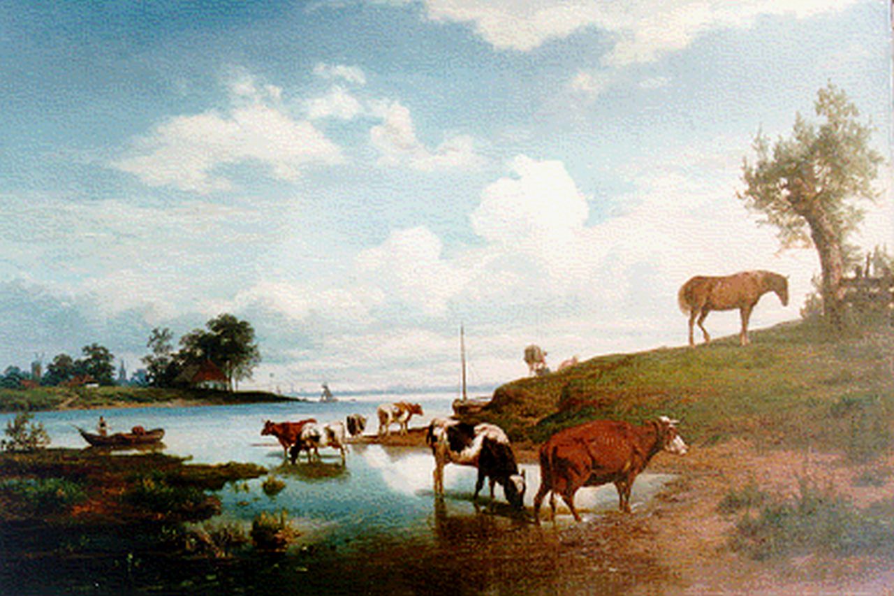 Lot H.  | Hendrik Lot, Rivierlandschap met vee, olieverf op doek 58,0 x 84,0 cm, gesigneerd rechtsonder