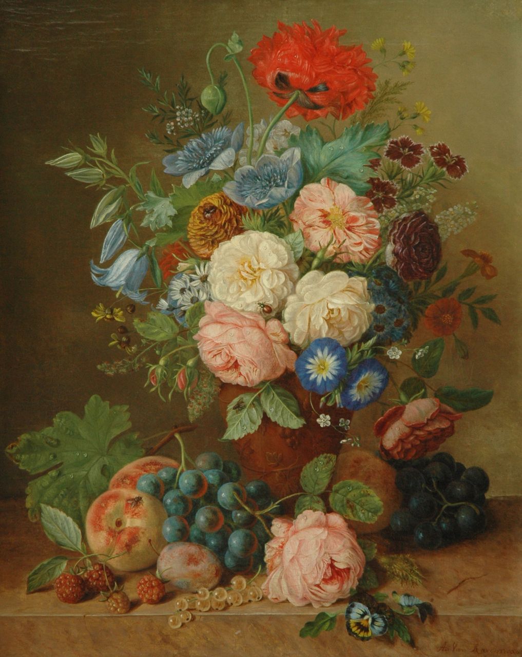 Ravenswaay A. van | Adriana van Ravenswaay, Stilleven met bloemen, vruchten en insecten, olieverf op doek 51,2 x 41,4 cm, gesigneerd rechtsonder
