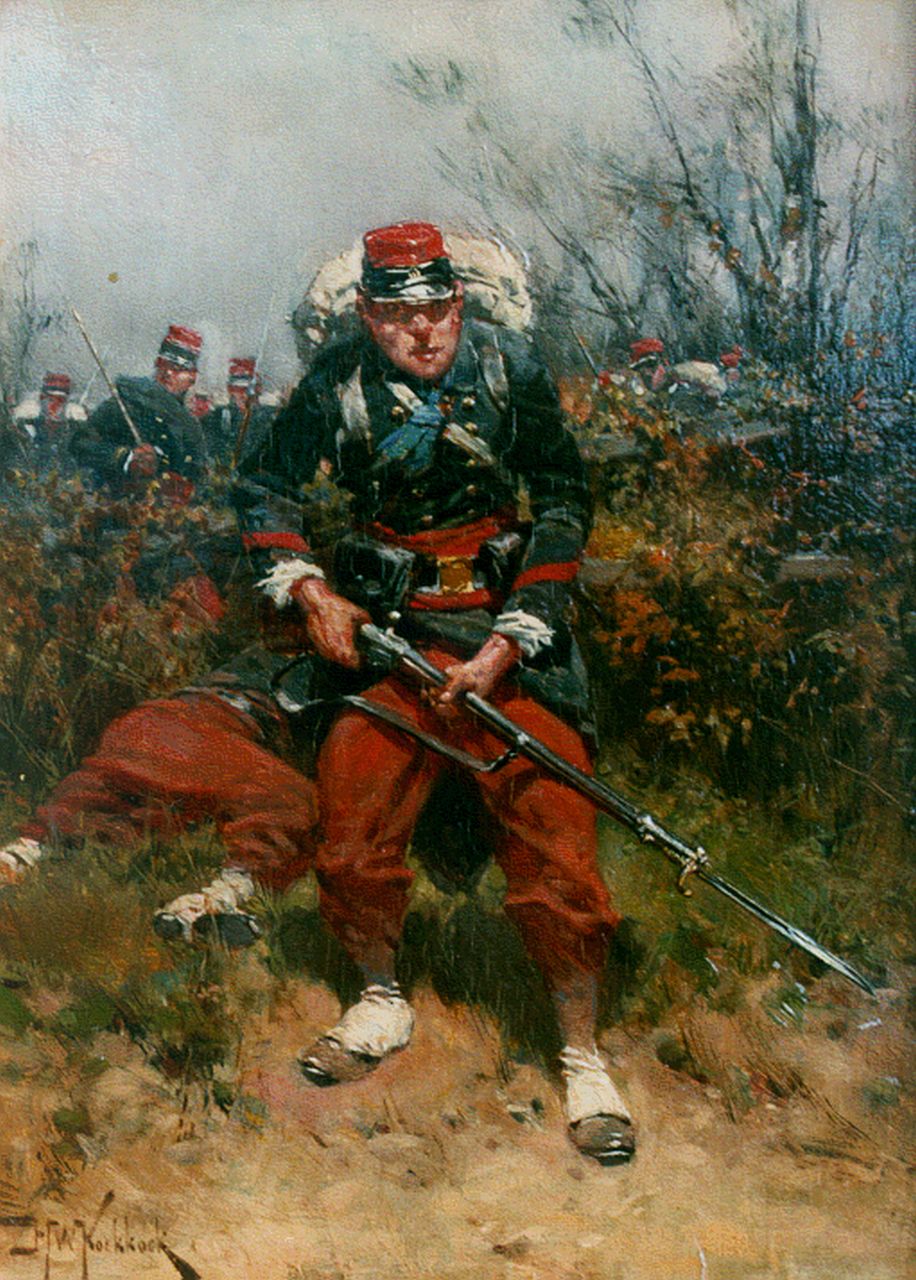 Koekkoek H.W.  | Hermanus Willem Koekkoek, Franse infanterist op het slagveld, olieverf op paneel 21,7 x 15,9 cm, gesigneerd linksonder