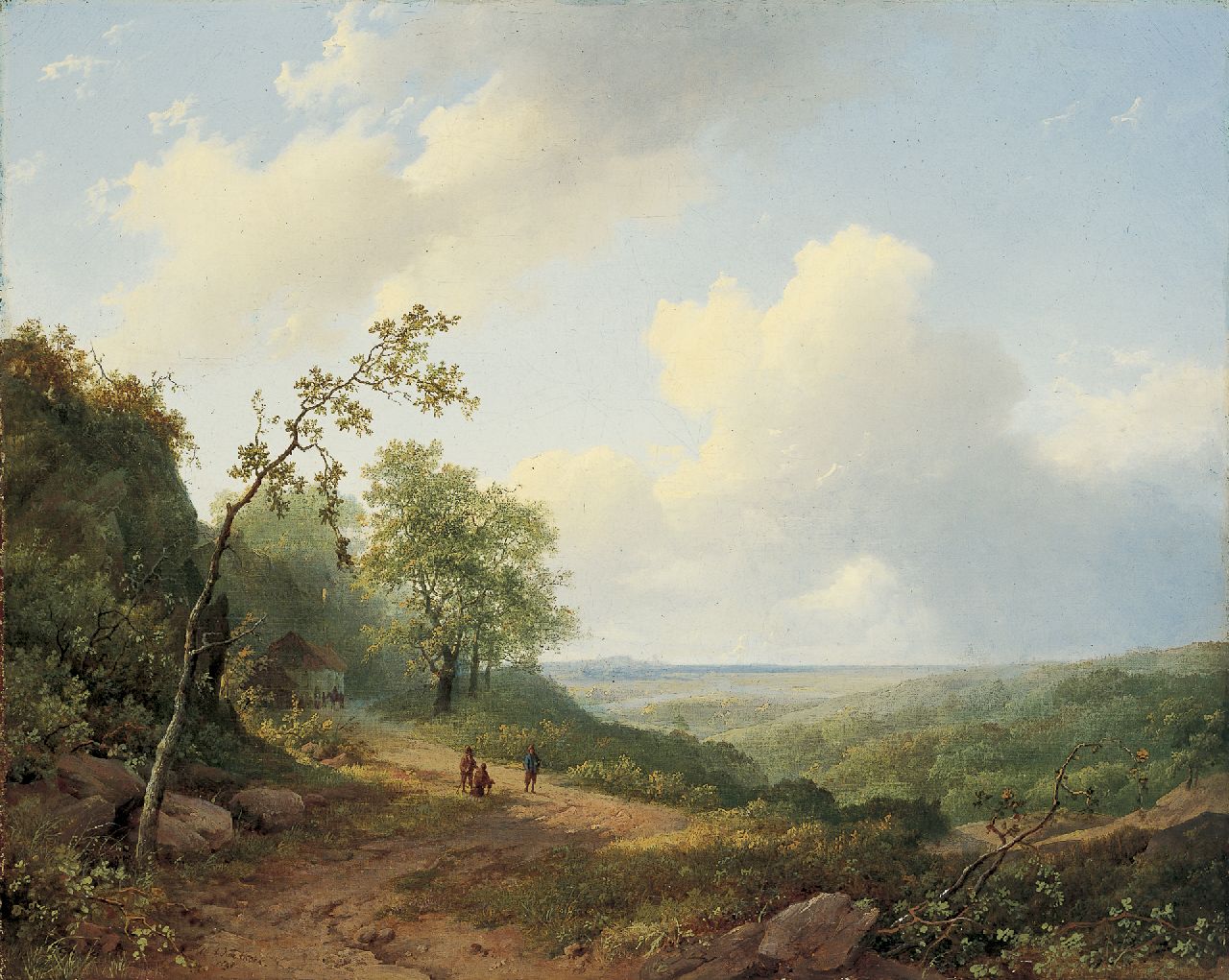 Koekkoek I M.A.  | Marinus Adrianus Koekkoek I, Heuvelachtig zomerlandschap met enkele wandelaars, olieverf op doek 41,5 x 51,7 cm, gesigneerd linksonder en gedateerd 1848